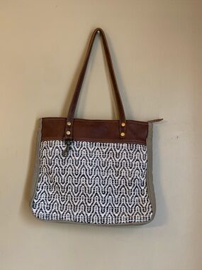 Myra Bag Recycled Canvas/Leather Woven Purse Large Tote Bag Bohemian Mixed Media